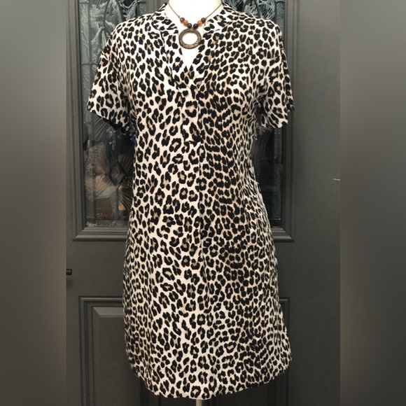 H&M Leopard Print Short Sleeve Loose Fit Shirt Dress - Picture 1 of 7